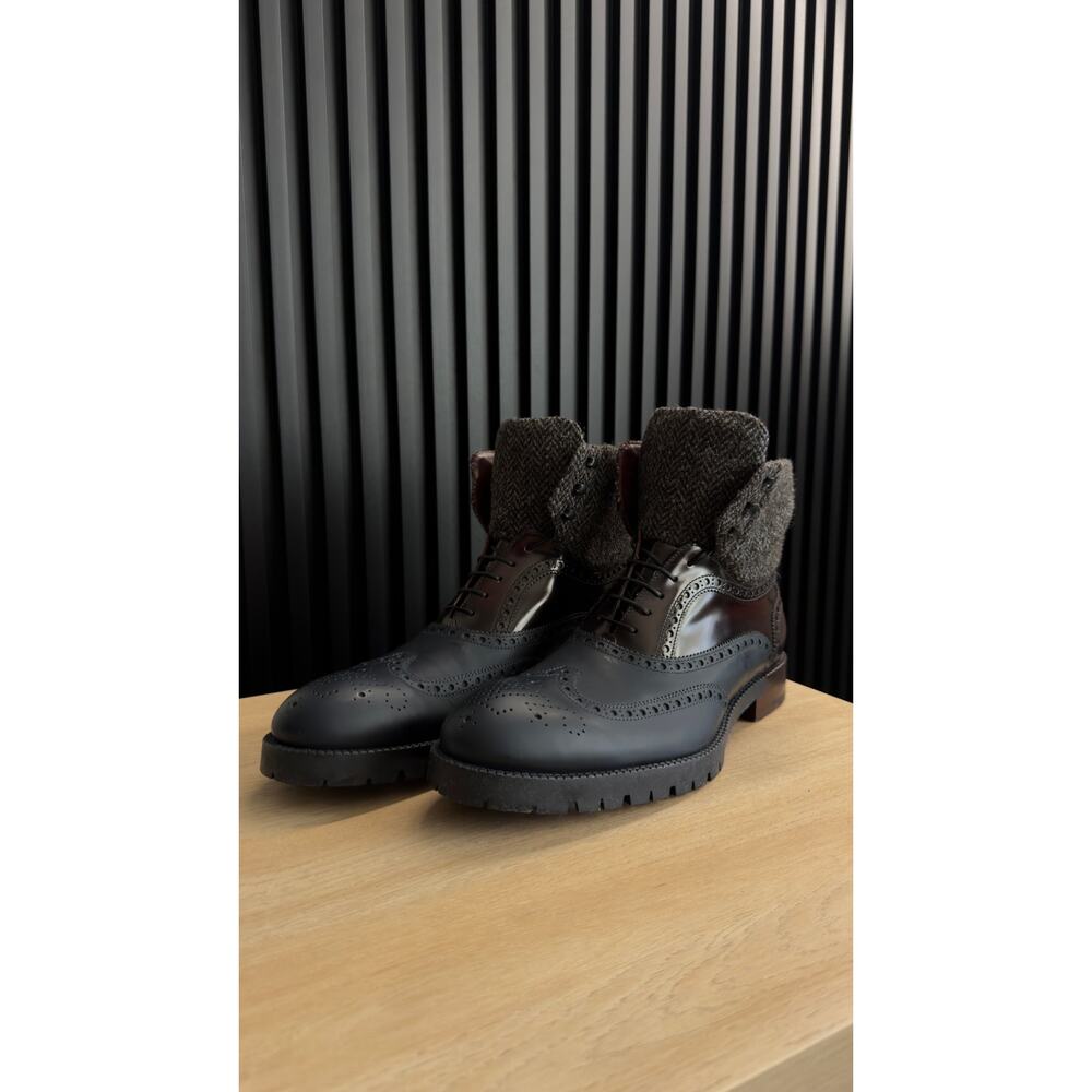Louis Vuitton Leather Wool Tweed Lace-Up Brougue Boots